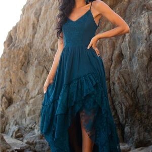 Joyfolie Teal High Low Lace Dress
